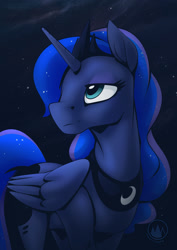 Size: 955x1351 | Tagged: safe, artist:mysticalpha, princess luna, alicorn, pony, g4, female, mare, night, signature, solo, stars