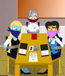 Size: 828x966 | Tagged: safe, artist:robukun, oc, oc:ariel phantom, oc:lydia, oc:shine, equestria girls, g4, bomb, bondage, bound and gagged, bound together, cloth gag, contract, explosives, female, gag, help, help us, office, oh crap, oh crap face, oh no, over the nose gag, pen, scared, shocked, struggling, tape, tape bondage, this is going to hurt, this is gonna hurt, this is gonna suck, this will end in death, this will end in pain, this will end in tears, this will end in tears and/or death, this will not end well, tied to chair, tied up, timer, trio, trio female, we're all doomed, weapon, worried