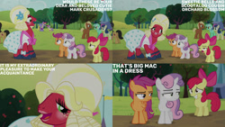 Size: 1280x720 | Tagged: safe, edit, edited screencap, editor:quoterific, screencap, alula, apple bloom, big macintosh, bon bon, cherry cola, cherry fizzy, cloud kicker, lyra heartstrings, meadow song, pluto, scootaloo, sweetie belle, sweetie drops, earth pony, pegasus, pony, unicorn, brotherhooves social, g4, season 5, apple bloom's bow, bloomers, bow, clothes, crossdressing, cutie mark crusaders, dress, female, filly, foal, grin, hair bow, male, mare, open mouth, open smile, orchard blossom, smiling, stallion, text