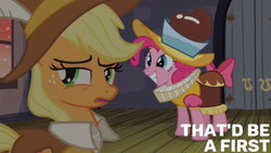 Size: 1280x720 | Tagged: safe, edit, edited screencap, editor:quoterific, screencap, applejack, chancellor puddinghead, pinkie pie, smart cookie, earth pony, pony, g4, hearth's warming eve (episode), season 2, cute, diapinkes, duo, female, grin, mare, open mouth, smiling, text