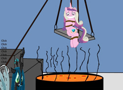 Size: 1024x748 | Tagged: safe, artist:brightstar40k, artist:radiantrealm, artist:xplanetary, edit, princess cadance, queen chrysalis, alicorn, changeling, pony, g4, 1000 hours in ms paint, abuse, angry, arm behind back, bondage, bound and gagged, caddybuse, cloth gag, damsel in distress, gag, help, lava, peril, revenge, rope, rope bondage, ropes, scared, this is going to hurt, this will end in death, this will end in tears, this will end in tears and/or death, tied up, worried