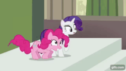 Size: 640x360 | Tagged: safe, screencap, pinkie pie, rarity, earth pony, pony, unicorn, g4, season 6, the gift of the maud pie, ^^, animated, cute, diapinkes, duo, eyes closed, female, gif, gifs.com, jumping, mare, nose in the air, open mouth, open smile, pinkie being pinkie, smiling, stairs, uvula, volumetric mouth
