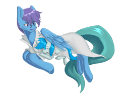 Size: 4252x3189 | Tagged: safe, artist:eta, oc, oc only, oc:dr.lancet dois, oc:dr.picsell dois, pegasus, pony, clothes, father and child, father and son, lab coat, lying down, lying on top of someone, male, simple background, sleeping, sleepy, stallion, unshorn fetlocks, white background, wings
