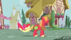Size: 640x360 | Tagged: safe, screencap, apple bloom, big macintosh, earth pony, pony, g4, hearts and hooves day (episode), season 2, animated, apple bloom's bow, bouncing, bow, duo, eyes closed, female, filly, foal, gif, gifs.com, hair bow, jumping, male, pronking, smiling, stallion
