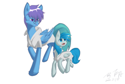 Size: 5315x3543 | Tagged: safe, artist:eta, oc, oc only, oc:dr.lancet dois, oc:dr.picsell dois, pegasus, pony, clothes, father and child, father and son, lab coat, male, signature, simple background, stallion, unshorn fetlocks, walking, white background