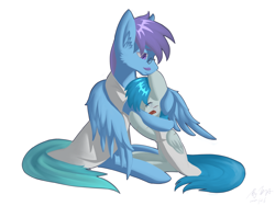 Size: 4724x3543 | Tagged: safe, artist:eta, oc, oc only, oc:dr.lancet dois, oc:dr.picsell dois, pegasus, pony, blood, clothes, comforting, crying, father and child, father and son, hug, injured, injured wing, lab coat, male, signature, simple background, white background, wings
