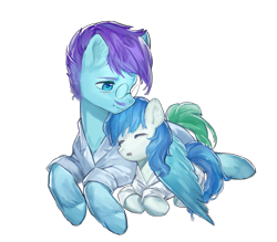 Size: 2751x2405 | Tagged: safe, artist:卯卯七, oc, oc only, oc:dr.lancet dois, oc:dr.picsell dois, pegasus, pony, clothes, duo, father and child, father and son, high res, lab coat, lying down, lying on top of someone, male, sleeping, sleepy, stallion, unshorn fetlocks, wings