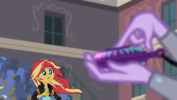 Size: 3410x1920 | Tagged: safe, screencap, sci-twi, sunset shimmer, twilight sparkle, equestria girls, g4, my little pony equestria girls: friendship games, canterlot high, clothes, female, high res, jacket, leather, leather jacket, magic capture device, offscreen character, open mouth, solo focus, unleash the magic