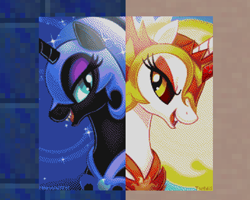 Size: 1280x1024 | Tagged: safe, artist:christadoodles, artist:twedis, edit, daybreaker, nightmare moon, alicorn, pony, g4, 2b2t, alter ego, armor, beautiful, black coat, blue eyes, bust, dark side, day, duo, duo female, ethereal mane, evil grin, eyelashes, eyeshadow, fangs, female, game screencap, gem, grin, helmet, lidded eyes, looking at each other, looking at someone, makeup, mane of fire, mare, minecraft, minecraft map art, minecraft pixel art, moon, movie accurate, night, open mouth, opposite, orange eyeshadow, pixel art, portrait, purple eyeshadow, ruby, siblings, side by side, signature, sisters, smiling, starry mane, sun, teeth, two sides, white coat, yellow eyes