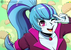 Size: 1169x827 | Tagged: safe, artist:doublewbrothers, sonata dusk, equestria girls, g4, blushing, breasts, busty sonata dusk, cleavage, cute, female, food, gem, happy, looking at you, one eye closed, open mouth, open smile, peace sign, siren gem, smiling, solo, sonatabetes, taco, that girl sure loves tacos, wink, winking at you