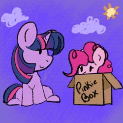 Size: 1000x1000 | Tagged: safe, artist:orbitingdamoon, pinkie pie, twilight sparkle, alicorn, earth pony, pony, unicorn, g4, box, duo, pony in a box, twilight sparkle (alicorn)