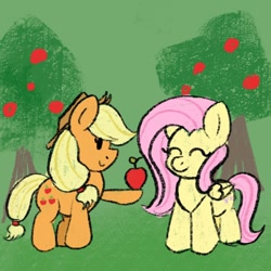 Size: 1000x1000 | Tagged: safe, artist:orbitingdamoon, applejack, fluttershy, earth pony, pegasus, pony, g4, apple, apple tree, duo, food, tree