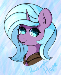 Size: 1110x1376 | Tagged: safe, artist:orbitingdamoon, idw, radiant hope, crystal pony, pony, unicorn, g4, bust, eyebrows, eyebrows visible through hair, female, looking at you, mare, smiling, smiling at you, solo