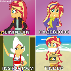 Size: 1000x1000 | Tagged: safe, artist:robukun, edit, edited edit, sunset shimmer, equestria girls, g4, angry, bondage, bound and gagged, cloth gag, clothes, daphne blake, dolly parton challenge, dress, dressup, dutch, facebook, female, gag, grin, hand on hip, happy, instagram, linkedin, looking at someone, looking at something, looking at you, looking up, meme, multeity, narrowed eyes, photoshop, rope, ropes, scooby-doo!, smiling, smiling at you, solo, struggling, tied up, tinder