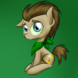 Size: 1024x1024 | Tagged: safe, artist:katiegreenfoxkater, doctor whooves, time turner, oc, oc:tantamount, changeling, earth pony, pony, g4, blue eyes, changeling oc, disguise, disguised changeling, earth pony oc, eyebrows, eyes open, full body, gradient background, green sclera, hooves, male, male oc, one ear down, pony oc, sitting, solo, stallion, tail