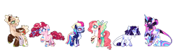 Size: 3000x904 | Tagged: safe, artist:jaysey, applejack, fluttershy, pinkie pie, rainbow dash, rarity, twilight sparkle, alicorn, earth pony, pegasus, pony, unicorn, g4, bandage, bandaid, bandaid on nose, beard, body freckles, bracelet, braid, chest fluff, choker, coat markings, colored hooves, colored horn, colored wings, ear piercing, earring, eyeshadow, facial hair, folded wings, freckles, goatee, hoof polish, horn, jewelry, leonine tail, makeup, mane six, multicolored wings, necklace, piercing, raised hoof, redesign, scar, simple background, socks (coat markings), spread wings, tail, transparent background, twilight sparkle (alicorn), windswept mane, wings