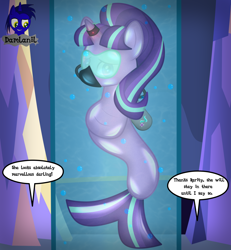 Size: 3840x4154 | Tagged: safe, artist:damlanil, starlight glimmer, mermaid, merpony, pony, unicorn, g4, the cutie map, air tank, alternate scenario, bdsm, bodysuit, bondage, catsuit, clothes, comic, commission, encasement, female, horn, horn ring, implied rarity, implied twilight sparkle, latex, latex suit, magic suppression, mare, punish the villain, rebreather, ring, rubber, s5 starlight, shiny, show accurate, solo, speech bubble, story, story included, straitjacket, suit, text, twilight's castle, underwater, vector, water tank