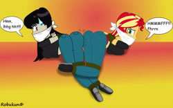 Size: 3098x1936 | Tagged: safe, artist:robukun, sunset shimmer, equestria girls, g4, arm behind back, ass, bondage, bound and gagged, bunset shimmer, butt, cloth gag, crossover, duo, duo female, female, gag, help us, hino rei, muffled words, rope, ropes, sailor moon (series), struggling, sweat, sweatdrop, tied up