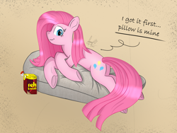 Size: 2400x1800 | Tagged: safe, artist:habiepon3, pinkie pie, earth pony, pony, g4, cute, dialogue, high res, juice, juice box, looking at you, lying down, pillow, pinkamena diane pie, simple background, smiling, solo