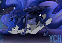 Size: 2360x1640 | Tagged: safe, artist:stirren, princess luna, oc, alicorn, pony, g4, commission, couple, flowing mane, looking down, looking up, night, pinned down, solo, starry night, starry sky, your character here