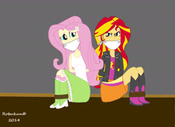 Size: 2338x1700 | Tagged: safe, artist:robukun, fluttershy, sunset shimmer, equestria girls, g4, angry, arm behind back, bondage, bound and gagged, cloth gag, danger, duo, duo female, female, gag, glare, help, help me, help us, looking at someone, looking at you, scared, struggling, tied up, worried