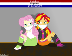 Size: 2763x2171 | Tagged: safe, artist:robukun, fluttershy, sunset shimmer, equestria girls, g4, angry, arm behind back, bondage, bound and gagged, cloth gag, duo, duo female, female, gag, glare, help, help me, help us, high res, humanized, looking at each other, looking at someone, redraw, scared, struggling, tied up, worried
