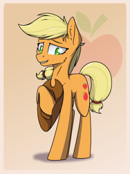 Size: 3000x4000 | Tagged: safe, artist:danger_above, applejack, earth pony, pony, g4, clothes, ear fluff, hat, high res, looking at you, raised hoof, raised leg, simple background, smiling, smiling at you, solo