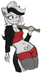 Size: 543x938 | Tagged: safe, artist:marsminer, oc, oc:strelka, anthro, baseball bat, belly button, cigarette, clothes, fishnets, horns, jacket, short shirt, shorts, solo, tattoo, two toned mane, womb tattoo