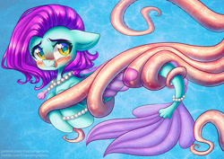 Size: 1489x1052 | Tagged: safe, artist:chaosangeldesu, oc, oc only, oc:pearl seaswirl, octopus, sea pony, seapony (g4), blue background, blushing, fin wings, fins, fish tail, flowing tail, jewelry, necklace, ocean, open mouth, open smile, pearl necklace, purple mane, simple background, smiling, solo, tail, tentacles, underwater, water, wings