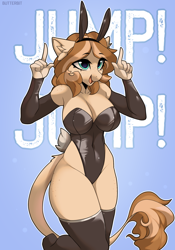 Size: 1400x2000 | Tagged: safe, artist:butterbit, oc, oc only, earth pony, anthro, big breasts, breasts, bunny ears, bunny suit, cleavage, clothes, cute, ear fluff, eye clipping through hair, eyebrows, eyebrows visible through hair, eyelashes, female, high-cut clothing, leonine tail, leotard, open mouth, open smile, playboy bunny, sexy, smiling, socks, solo, stockings, tail, thigh highs