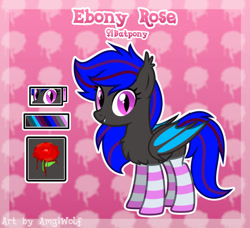 Size: 935x854 | Tagged: safe, artist:amgiwolf, oc, oc only, oc:ebony rose, bat pony, chest fluff, clothes, cute, ear tufts, fangs, reference sheet, socks, striped socks, watermark