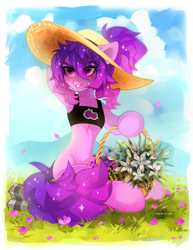 Size: 1700x2200 | Tagged: safe, artist:zlatavector, oc, oc only, oc:share dast, earth pony, pony, basket, berry, bra, bra on pony, clothes, cloud, female, flower, glitter, grass, hat, lily (flower), mare, mountain, nature, short shirt, smiling, solo, trade