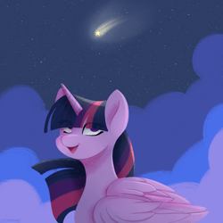 Size: 2500x2500 | Tagged: safe, artist:cottonaime, twilight sparkle, alicorn, pony, g4, high res, horn, looking up, open mouth, shooting star, smiling, solo, twilight sparkle (alicorn), wings