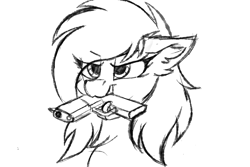 Size: 3000x2000 | Tagged: safe, artist:dreamyskies, oc, oc only, oc:pestyskillengton, pegasus, pony, bust, cute, female, gun, handgun, high res, mare, mouth hold, not filly anon, pistol, simple background, sketch, solo, weapon, white background