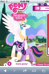 Size: 640x960 | Tagged: safe, princess celestia, twilight sparkle, alicorn, pony, unicorn, g4, duo, duo female, female, hasbro, mare, spread wings, unicorn twilight, vector, website, wings