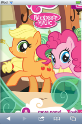 Size: 640x960 | Tagged: safe, applejack, pinkie pie, g4, official, 2012, blonde, cute, friendship express, hasbro, hatless, jackabetes, looking at you, missing accessory, raised hoof, stock vector, train, website