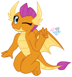 Size: 1433x1522 | Tagged: safe, artist:rainbow eevee, smolder, dragon, g4, cute, dragoness, female, one eye closed, peace, simple background, smolderbetes, solo, spread wings, transparent background, vector, wings, wink