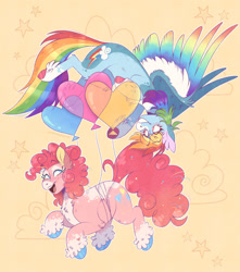 Size: 1280x1451 | Tagged: safe, artist:wanderingpegasus, pinkie pie, rainbow dash, earth pony, pegasus, pony, g4, alternate hairstyle, balloon, blaze (coat marking), blushing, body markings, chest fluff, coat markings, colored hooves, colored wings, cute, dashabetes, diapinkes, duo, eye clipping through hair, facial markings, female, floating, flying, grin, happy, heart, heart balloon, lesbian, looking at each other, looking at someone, mare, markings, multicolored wings, open mouth, pale belly, rainbow wings, redesign, ship:pinkiedash, shipping, simple background, smiling, snip (coat marking), socks (coat markings), then watch her balloons lift her up to the sky, unshorn fetlocks, upside down, wings, yellow background