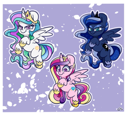 Size: 2473x2244 | Tagged: safe, artist:lou, princess cadance, princess celestia, princess luna, alicorn, pony, g4, alicorn triarchy, crown, cute, cutedance, cutelestia, ethereal mane, female, flying, freckles, high res, hoof shoes, jewelry, looking at you, lunabetes, mare, regalia, smiling, starry mane, starry tail, tail, trio, trio female