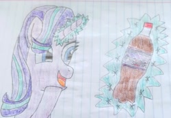 Size: 685x473 | Tagged: safe, artist:mr.myoozik, derpibooru exclusive, starlight glimmer, pony, unicorn, g4, bottle, coca-cola, drink, female, glowing, glowing horn, hair flip, hair over one eye, happy, hoof on chin, horn, levitation, lined paper, magic, mare, open mouth, simple background, skunk stripe, soda, solo, starlight coca-cola, starlight glimmer day, telekinesis, traditional art, white background