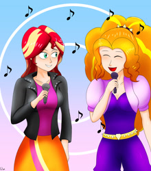 Size: 1280x1457 | Tagged: safe, artist:film77asq, adagio dazzle, sunset shimmer, equestria girls, g4, duet, female, lesbian, microphone, music notes, ship:sunsagio, shipping, singing