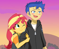 Size: 1280x1078 | Tagged: safe, artist:studiodraw, flash sentry, sunset shimmer, equestria girls, g4, anime style, duo, female, male, ship:flashimmer, shipping, straight