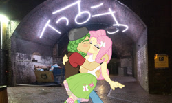 Size: 1024x615 | Tagged: safe, artist:yungstuff, fluttershy, sandalwood, equestria girls, g4, equestria girls in real life, female, irl, kissing, male, photo, sandalshy, shipping, straight