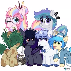 Size: 1773x1773 | Tagged: safe, artist:pink-pone, oc, oc only, oc:barnaby, oc:ivory (pink-pone), oc:onyx, oc:rio, oc:sketch book, oc:twigg, bat pony, pegasus, pony, raccoon, unicorn, bowtie, clothes, colt, female, filly, foal, glasses, male, mare, one eye closed, onesie, reference sheet, shirt, simple background, sweater vest, white background, wink