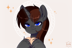 Size: 1500x1000 | Tagged: safe, artist:sjn, oc, oc:twistae, pony, unicorn, commission, female, freckles, happy, hooves together, horn, lidded eyes, rule 63, simple background, smiling, smug, solo, thick eyelashes, unicorn oc, unshorn fetlocks, ych result