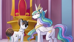 Size: 1280x720 | Tagged: safe, artist:puke-o, part of a set, princess celestia, raven, alicorn, pony, unicorn, g4, butt, canterlot castle, duo, duo female, female, glasses, horn, jewelry, mare, plot, plot pair, regalia, throne, throne room, tiara, wings