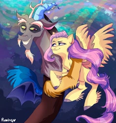 Size: 2453x2598 | Tagged: safe, artist:deepfantasy6, artist:pudding, discord, fluttershy, draconequus, pegasus, pony, g4, abstract background, chest fluff, duo, duo male and female, feathered fetlocks, female, grin, high res, looking at each other, looking at someone, male, mare, purple mane, ship:discoshy, shipping, signature, smiling, smiling at each other, smirk, spread wings, straight, wings
