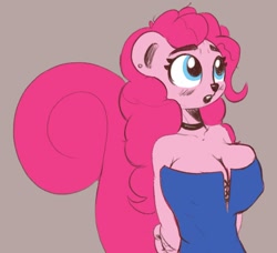 Size: 856x779 | Tagged: safe, artist:cosmonaut, pinkie pie, squirrel, anthro, g4, arm behind back, big breasts, breasts, busty pinkie pie, cleavage, clothes, corset, female, huge breasts, simple background, solo, species swap