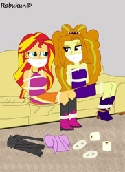 Size: 1280x1761 | Tagged: safe, artist:robukun, adagio dazzle, sunset shimmer, equestria girls, bondage, bound and gagged, cloth gag, clothes, couch, gag, help, help me, help us, looking at each other, looking at someone, oh no, rope, rope bondage, ropes, sad, scared, shipping, shipping fuel, smiling, smirk, snark, tied up, worried