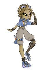 Size: 2750x4000 | Tagged: safe, artist:windywendy29, oc, oc only, oc:tinker (ice1517), cyborg, icey-verse, equestria girls, g4, amputee, belt, clothes, commission, equestria girls-ified, eye scar, female, goggles, high res, hoodie, midriff, offspring, parent:derpy hooves, parent:doctor whooves, parents:doctorderpy, prosthetic leg, prosthetic limb, prosthetics, scar, screwdriver, shoes, shorts, simple background, sneakers, socks, solo, tank top, transparent background, wrench, wristband